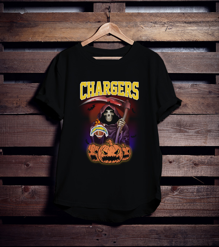 Chargers Grim Reaper With Pumpkins And Football Halloween T-Shirt