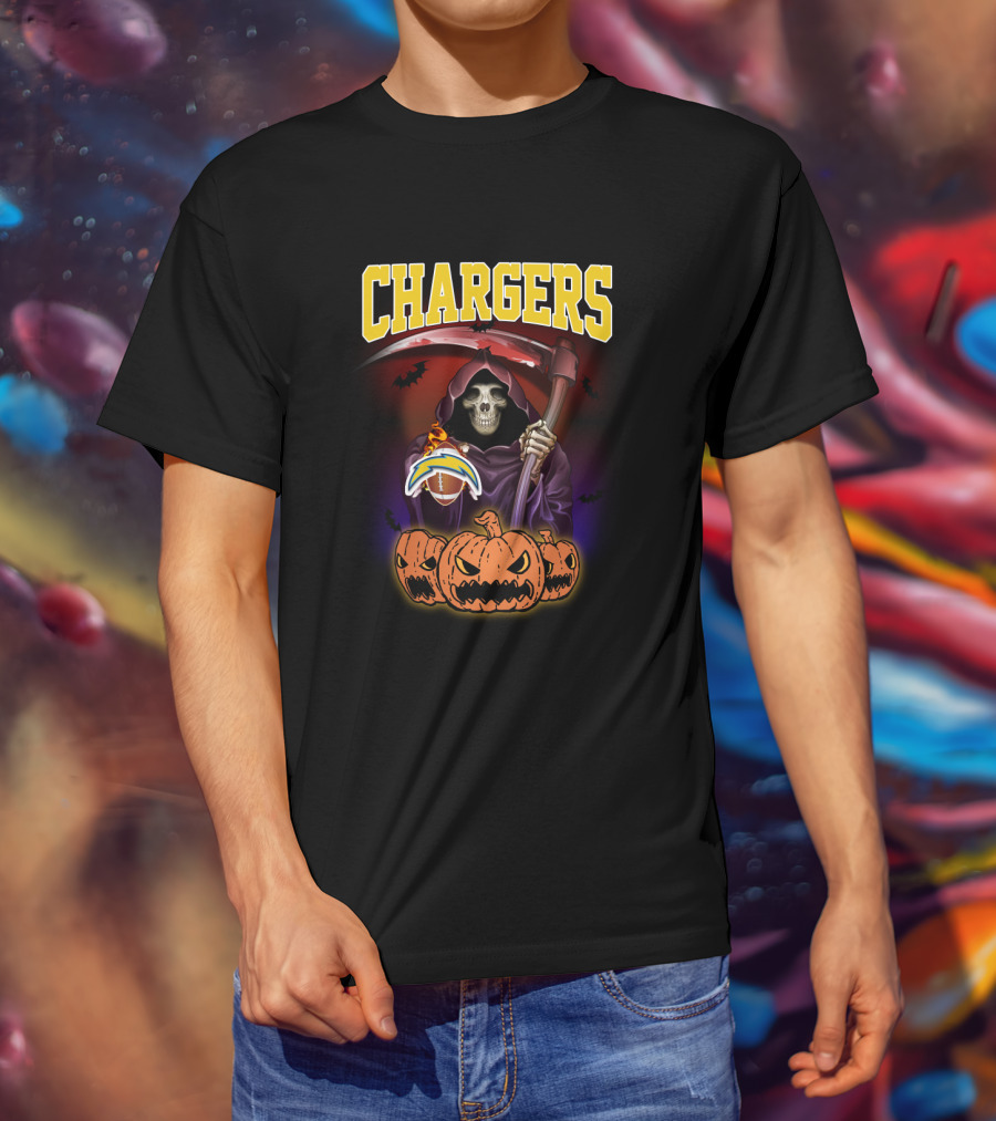 Chargers Grim Reaper With Pumpkins And Football Halloween T-Shirt