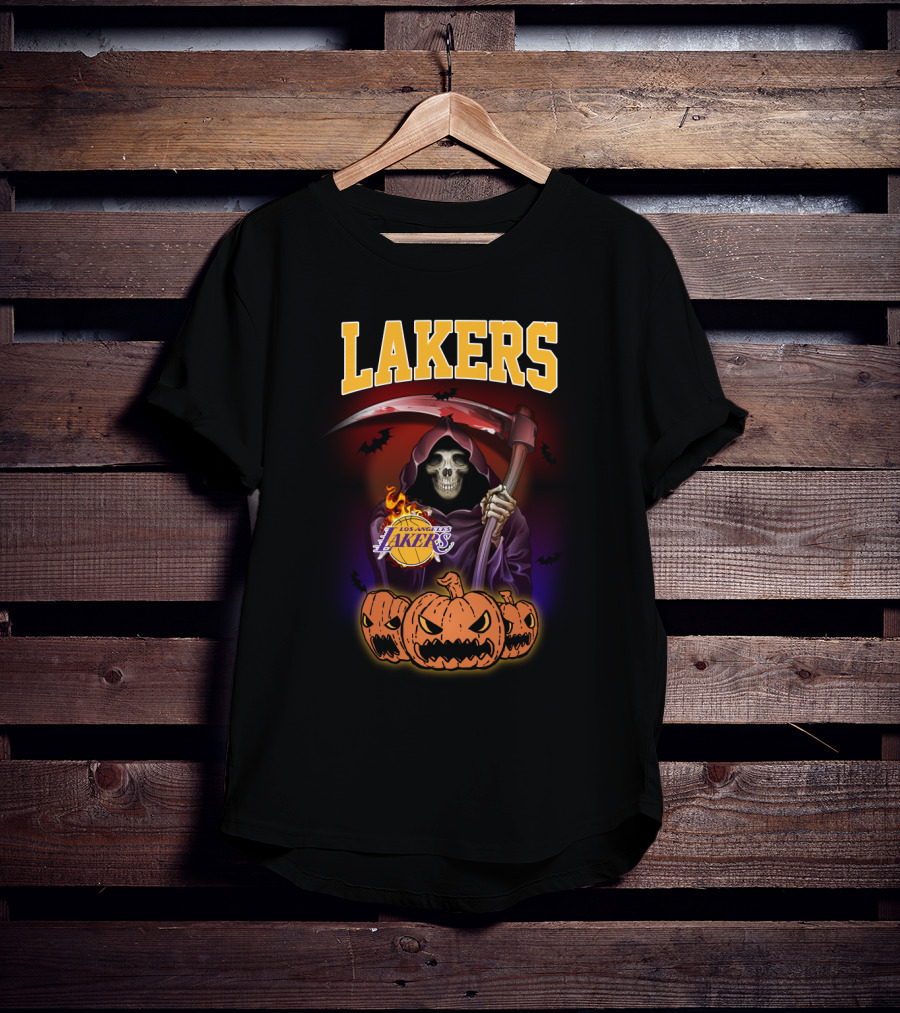 Los Angeles Lakers Reaper Skeleton With Pumpkins Halloween T-Shirt