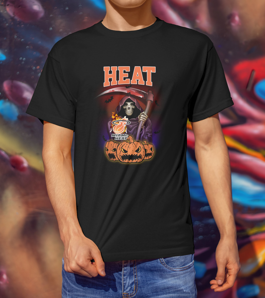 Miami Heat Reaper Halloween Theme With Pumpkins And Grim Scythe T-Shirt