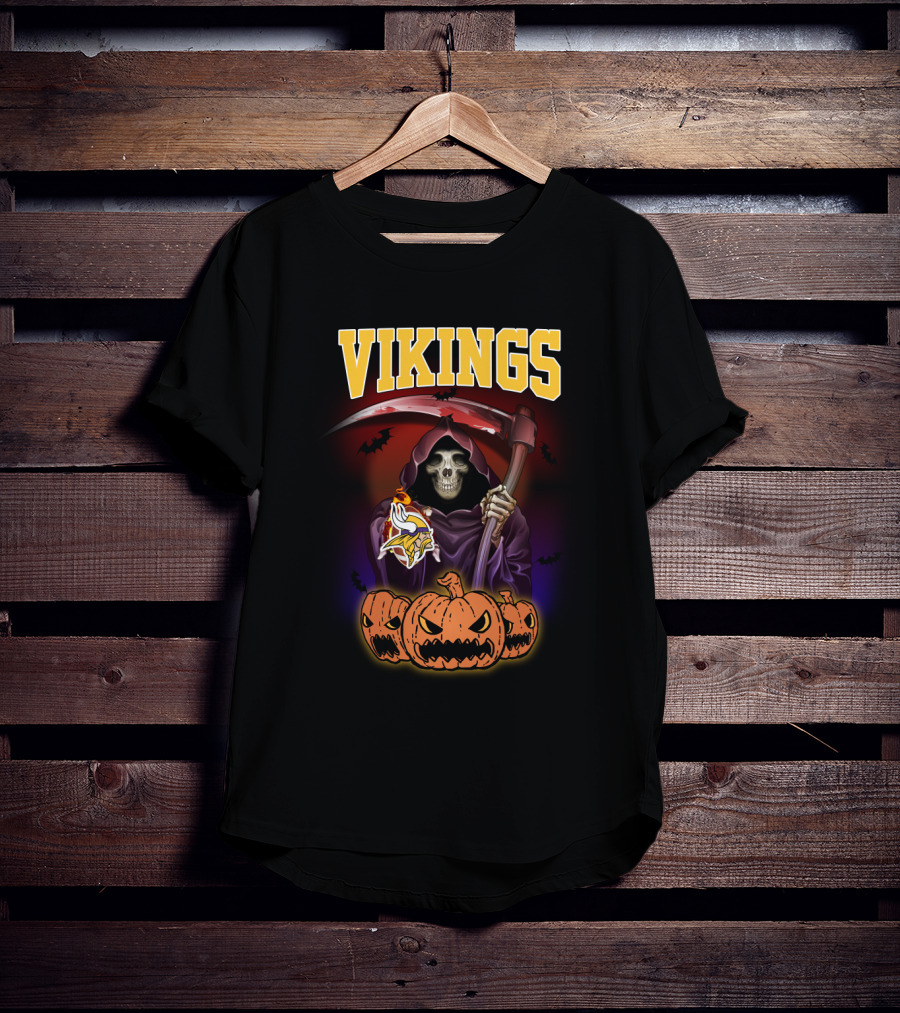 Vikings Halloween Grim Reaper With Scythe And Pumpkins Minnesota T-Shirt