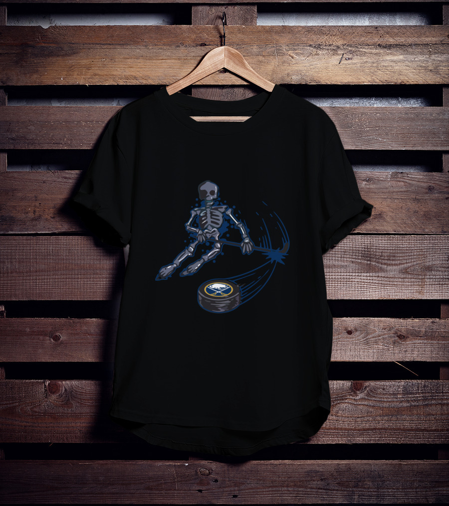 Buffalo Sabres Skeleton Playing Ice Hockey With Team Logo Puck T-Shirt