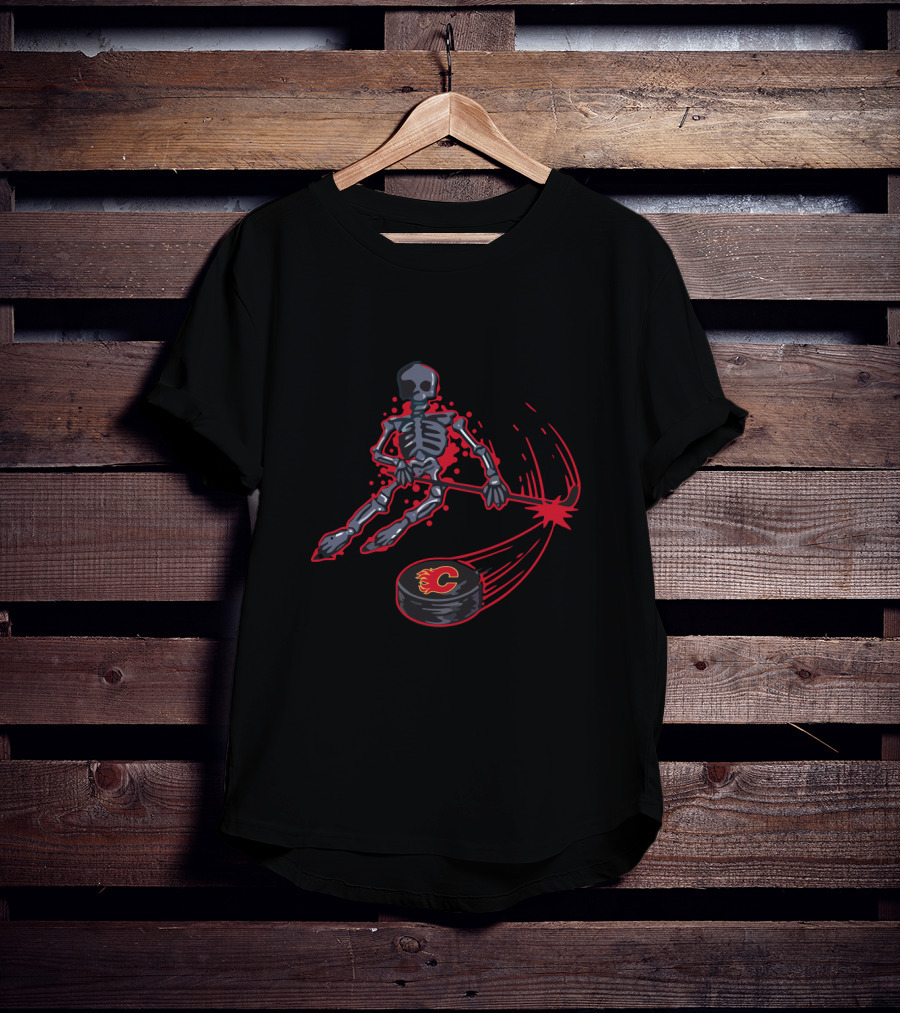 Skeleton Playing Ice Hockey Calgary Flames Puck T-Shirt