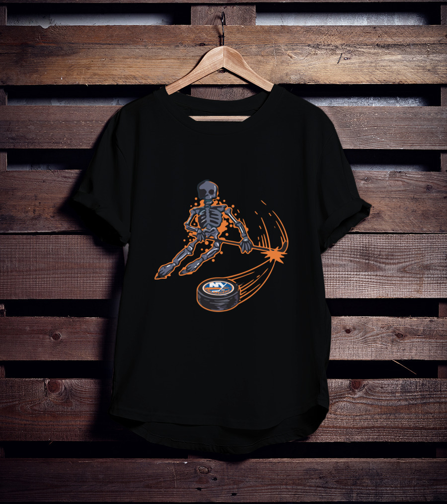 Skeleton Playing Ice Hockey With New York Islanders T-Shirt