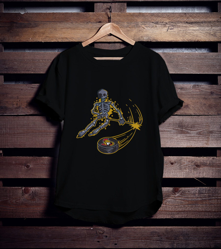 Skeleton Playing Ice Hockey With Ottawa Senators Logo Puck T-Shirt