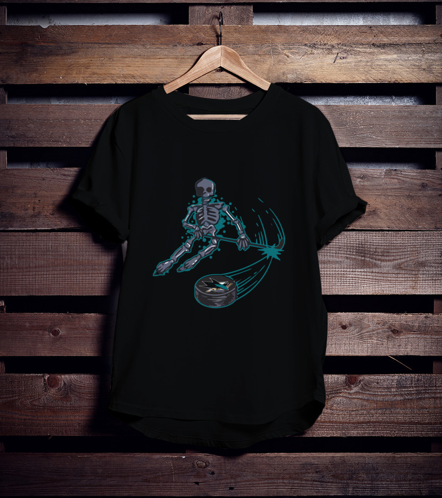 San Jose Sharks Skeleton Ice Hockey Graphic With Teal And Black Elements T-Shirt