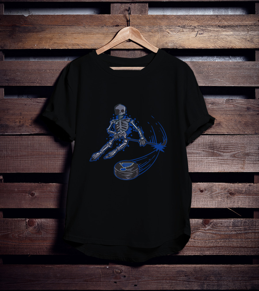 Skeleton Hockey Player With St. Louis Blues Logo Puck T-Shirt
