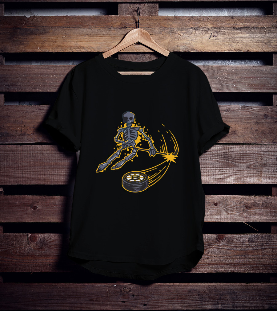Skeleton Playing Hockey With Boston Bruins Logo For Enthusiastic Fans T-Shirt