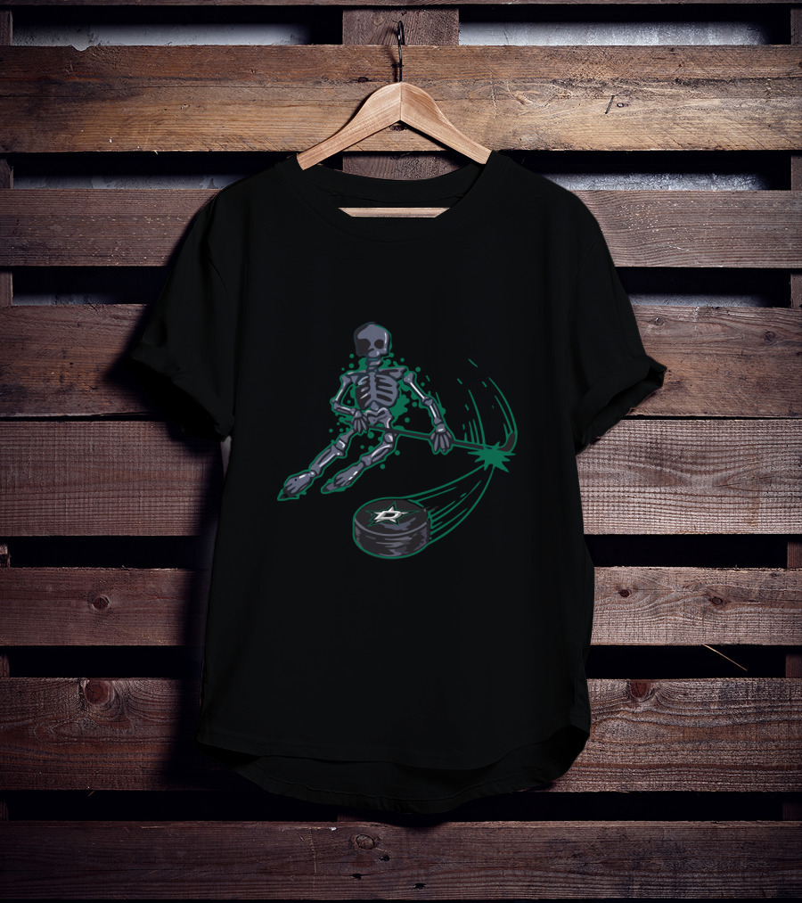 Skeleton Hockey Action With Dallas Stars Puck For Enthusiastic Fans T-Shirt