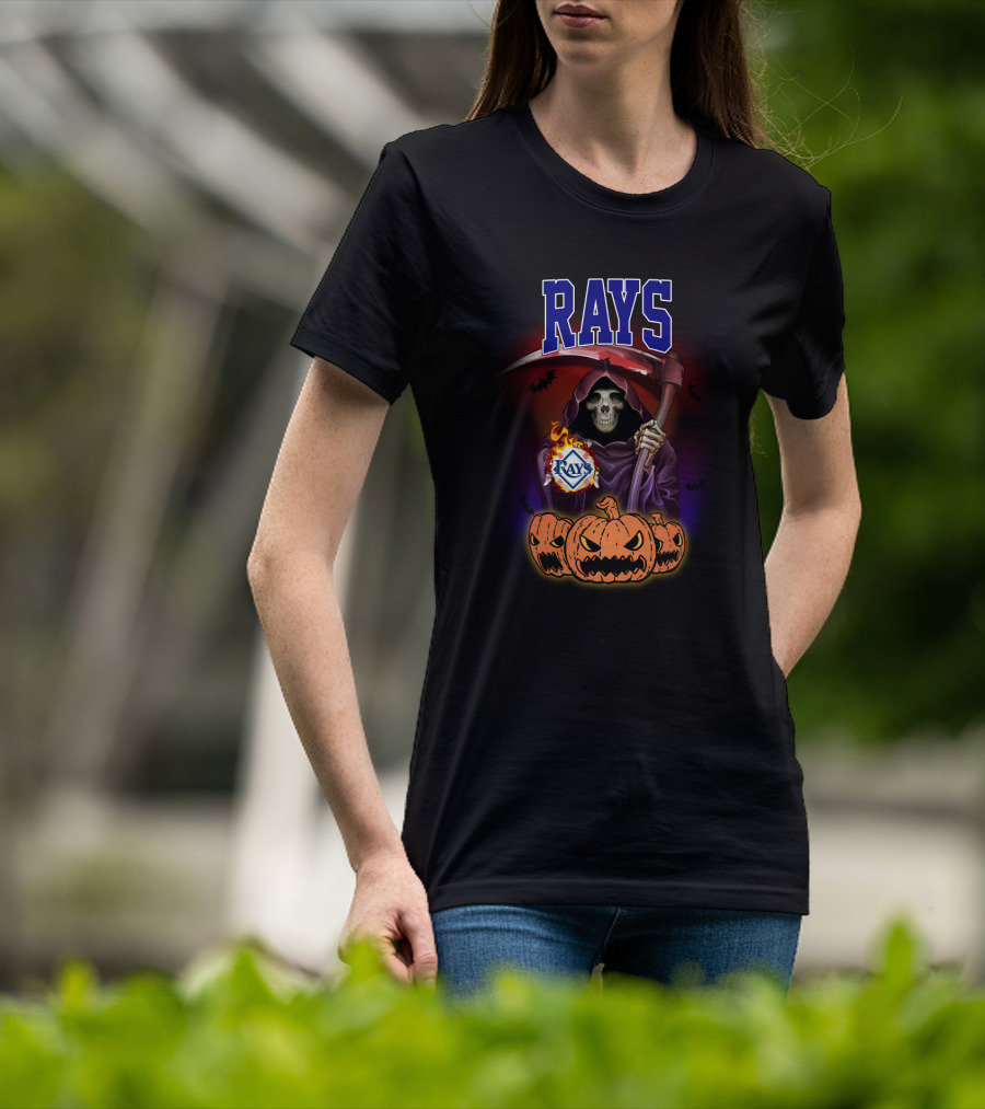 Tampa Bay Rays Reaper Holding Scythe With Pumpkins And Bats T-Shirt