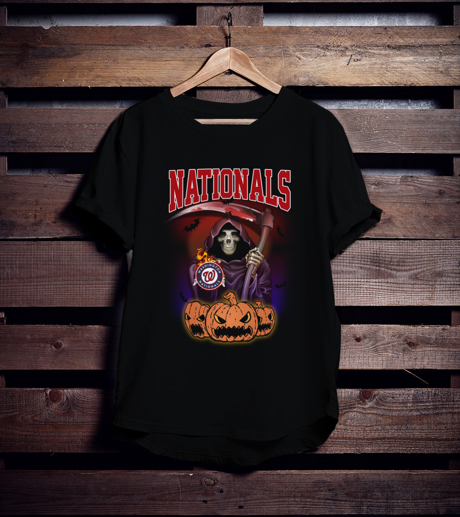 Nationals Grim Reaper With Washington Logo And Halloween Pumpkins T-Shirt