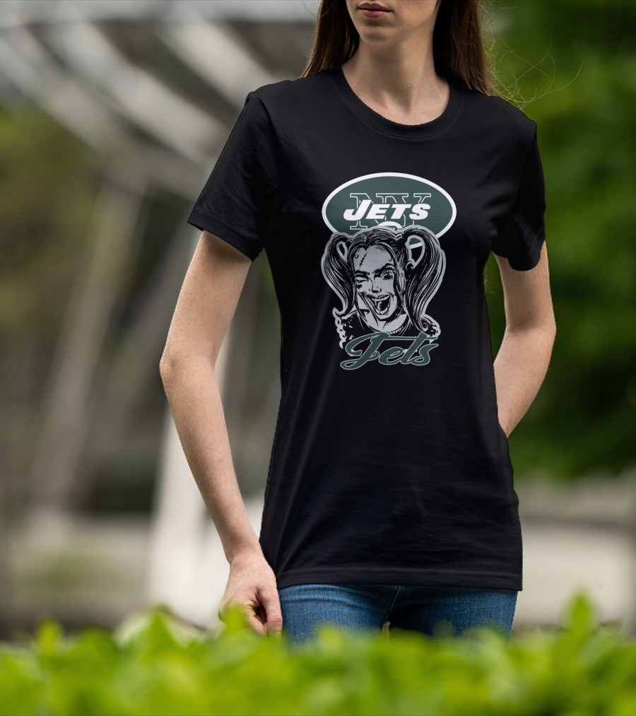 Harley Quinn And New York Jets Logo Crossover T-Shirt
