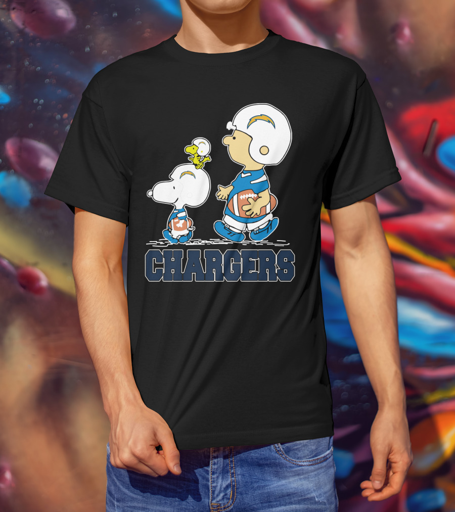 Snoopy And Woodstock With Los Angeles Chargers Football Helmets And Jersey T-Shirt