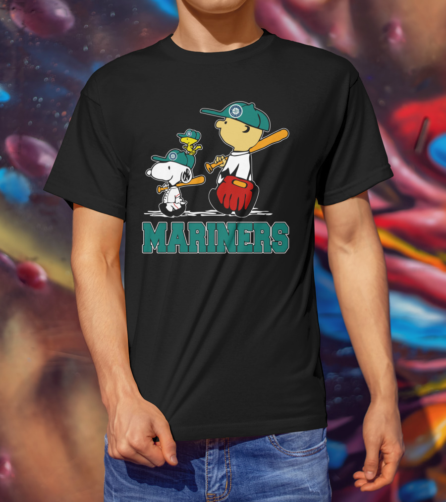 Snoopy Woodstock And Seattle Mariners Peanuts Baseball T-Shirt