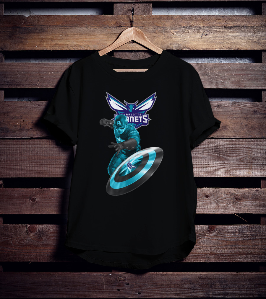 Charlotte Hornets Captain America Crossover Shield T-Shirt