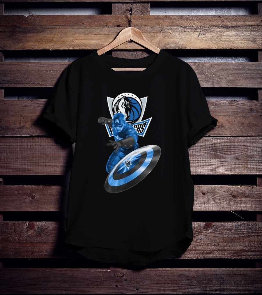 Dallas Mavericks Captain America Crossover Collaboration Featuring Iconic Shield T-Shirt