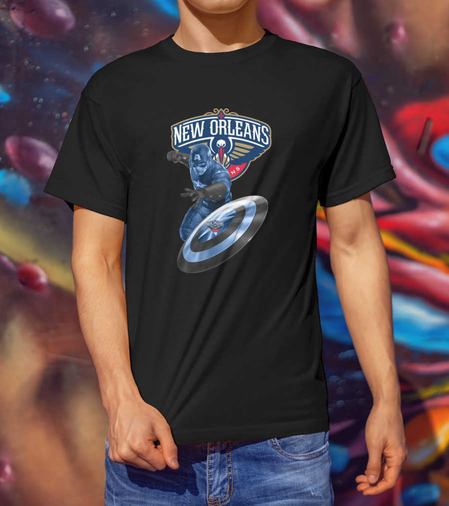 New Orleans Pelicans Captain America Collaboration Iconic Shield Crossover T-Shirt