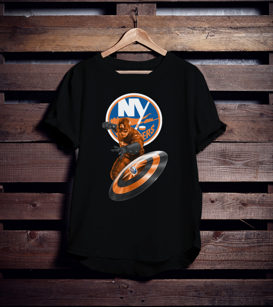 New York Islanders Captain America Collaboration Shield And Logo Graphics T-Shirt
