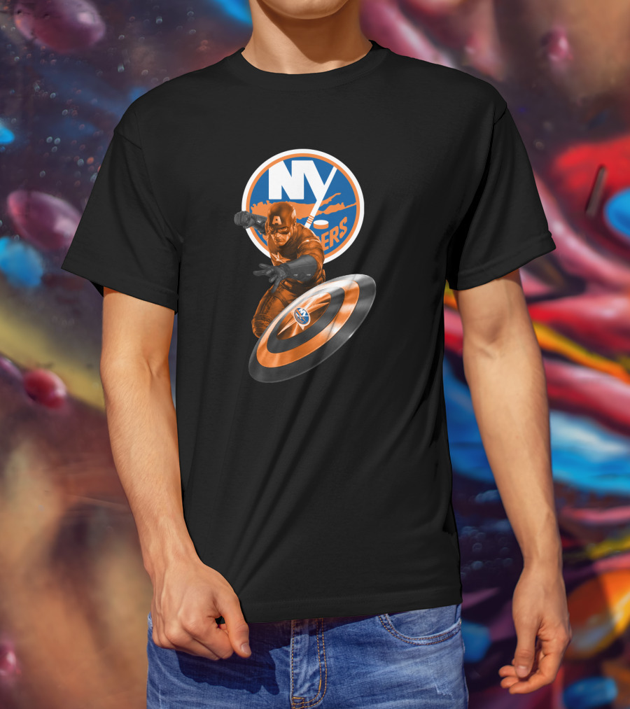 New York Islanders Captain America Collaboration Shield And Logo Graphics T-Shirt