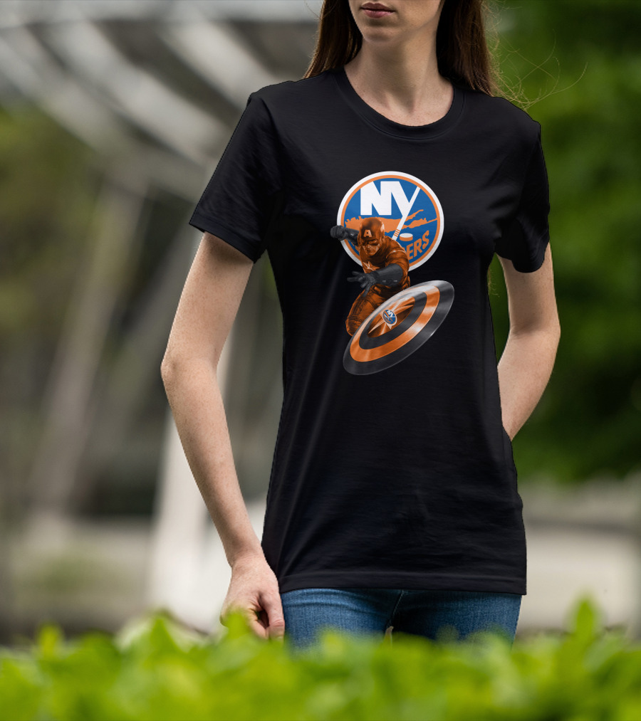 New York Islanders Captain America Collaboration Shield And Logo Graphics T-Shirt
