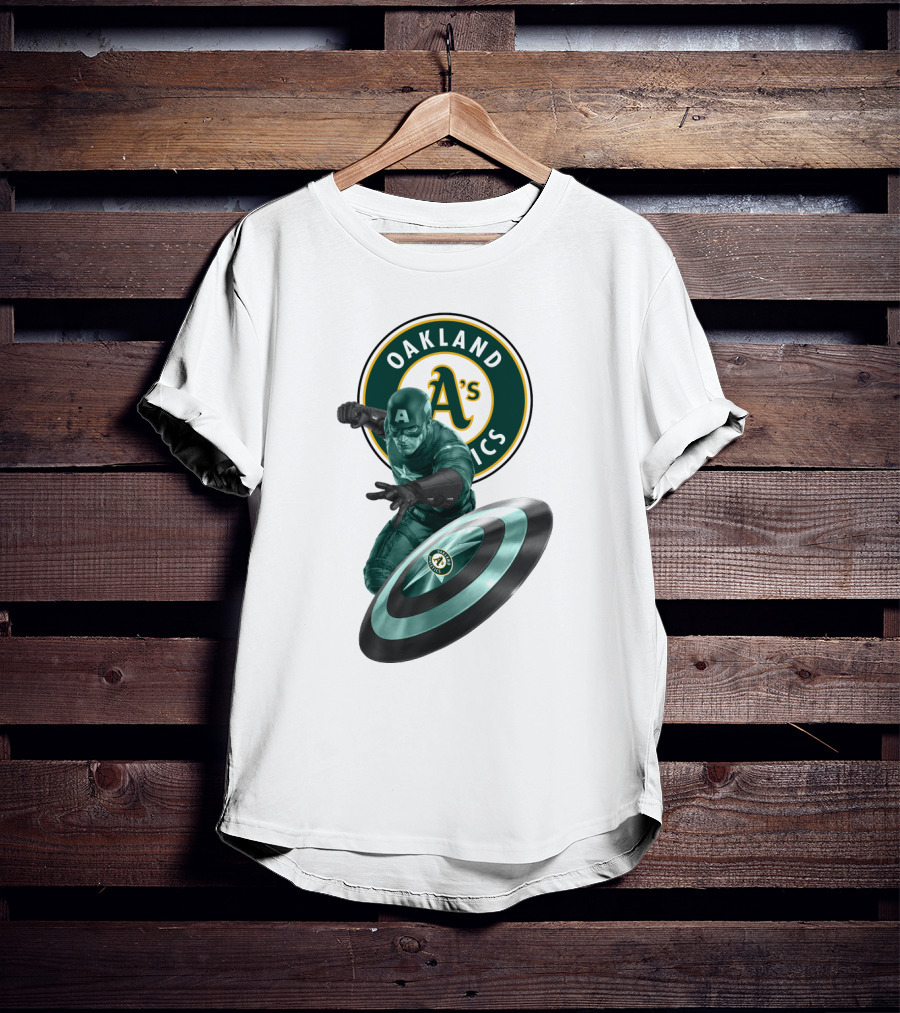Oakland Athletics A's Logo With Captain America's Shield And Heroic Pose T-Shirt