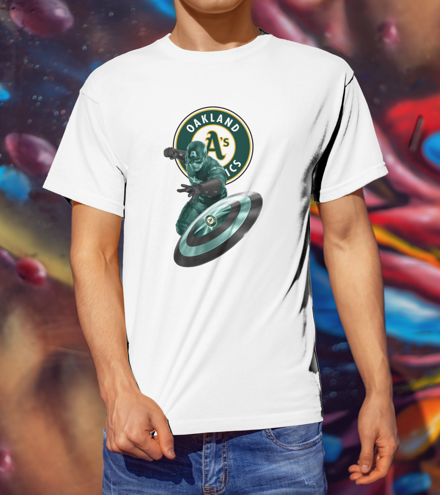 Oakland Athletics A's Logo With Captain America's Shield And Heroic Pose T-Shirt