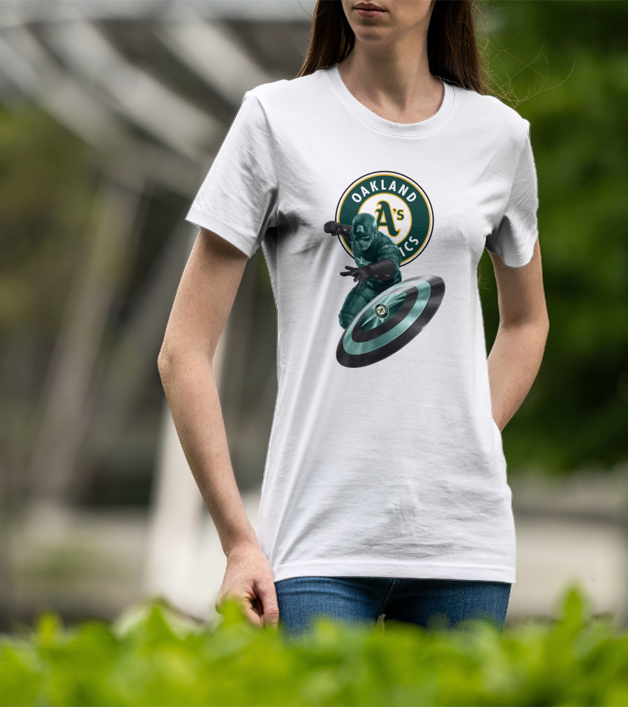 Oakland Athletics A's Logo With Captain America's Shield And Heroic Pose T-Shirt