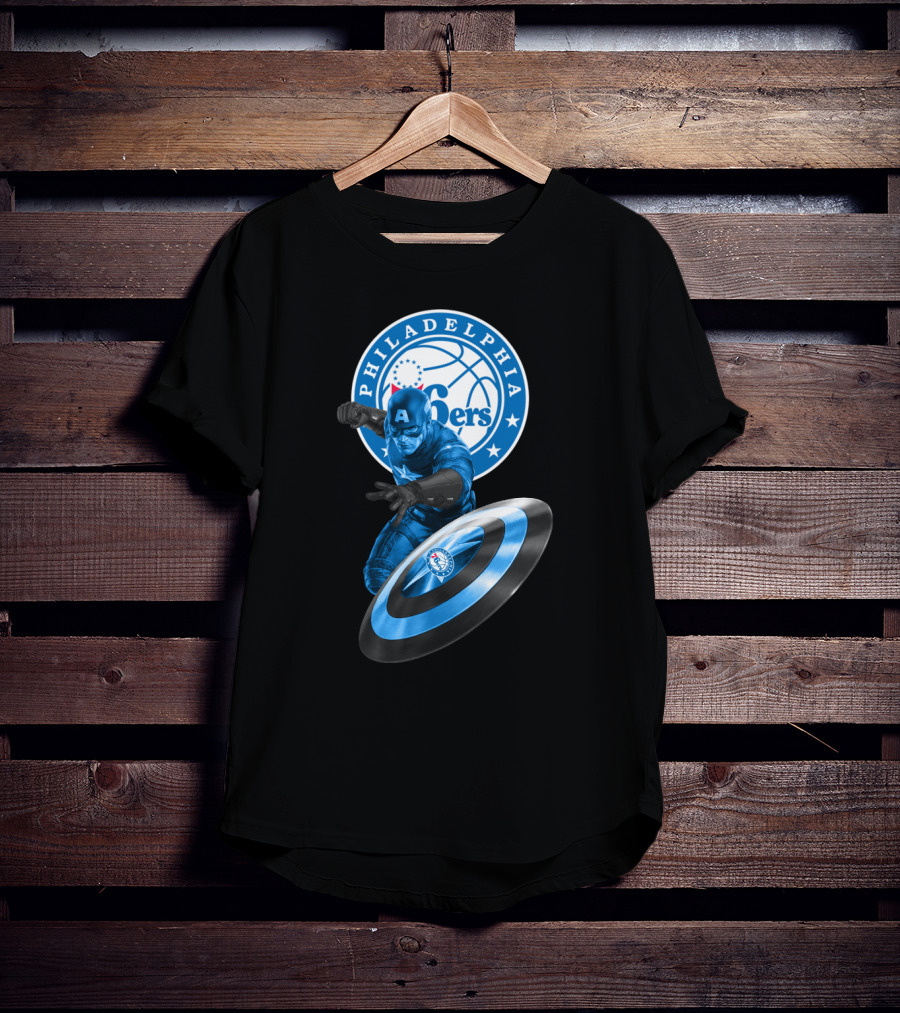 Philadelphia 76ers Basketball Marvel Crossover With Captain America Shield T-Shirt