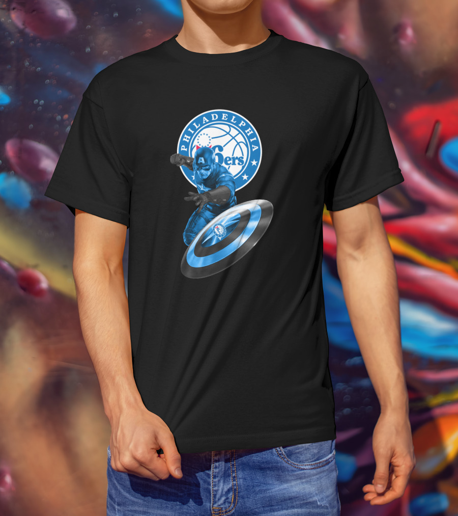 Philadelphia 76ers Basketball Marvel Crossover With Captain America Shield T-Shirt