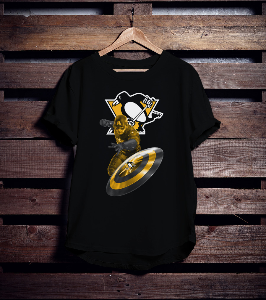 Pittsburgh Penguins Hockey Marvel Captain America Crossover Shield T-Shirt