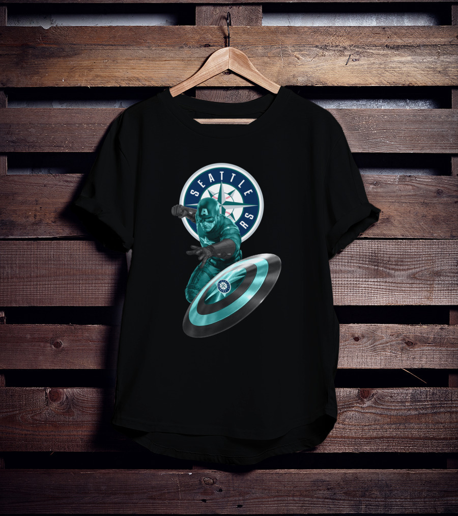 Seattle Mariners Captain America Logo Shield Crossover Baseball Superhero Collaboration T-Shirt