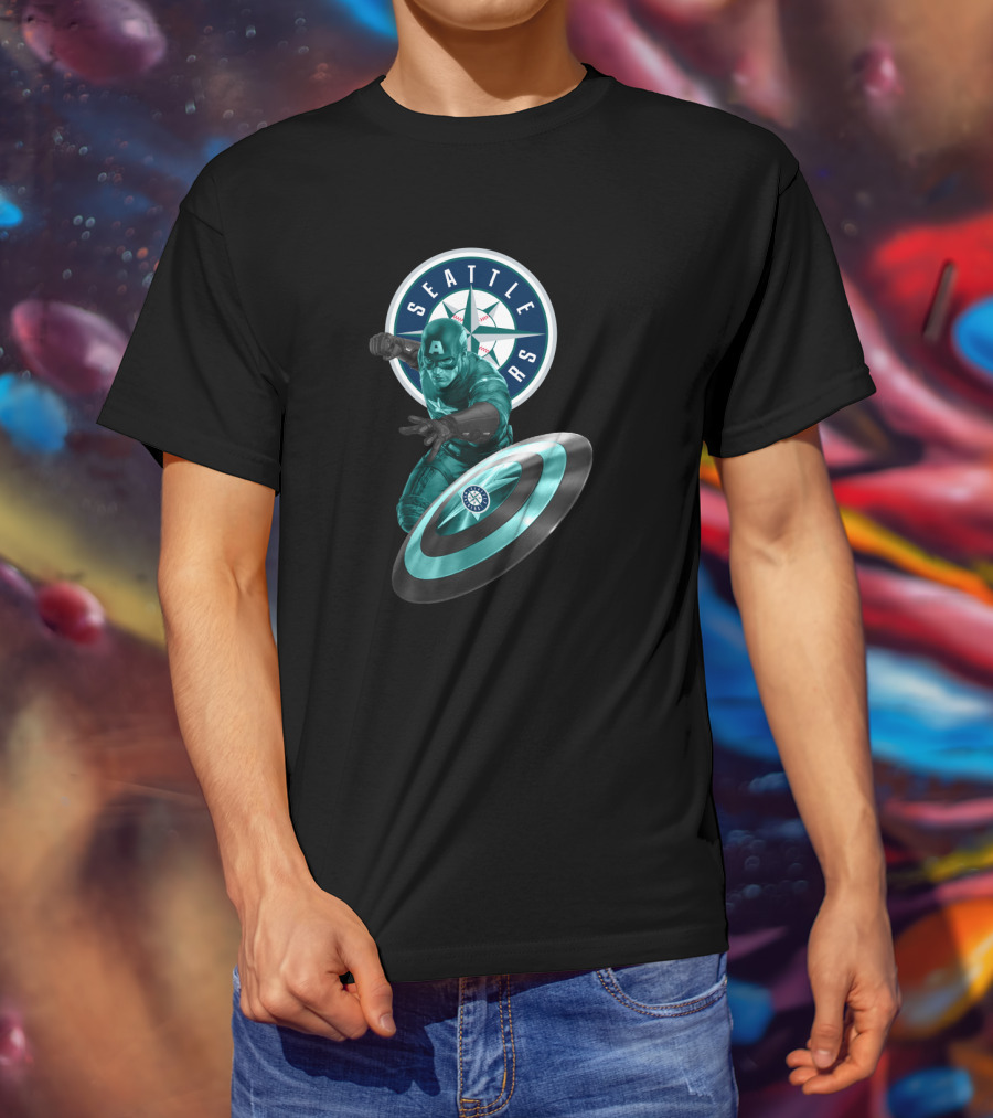Seattle Mariners Captain America Logo Shield Crossover Baseball Superhero Collaboration T-Shirt