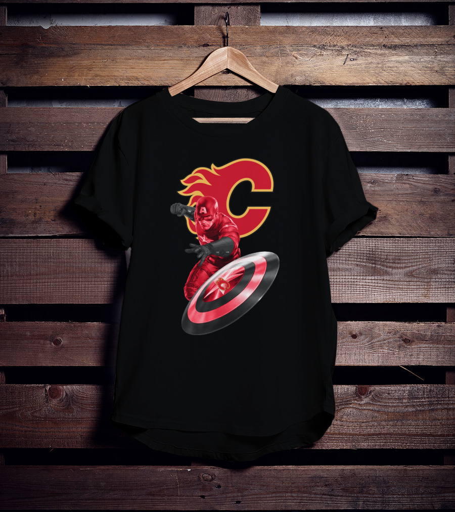 Calgary Flames And Captain America Shield Fusion Marvel Fans T-Shirt