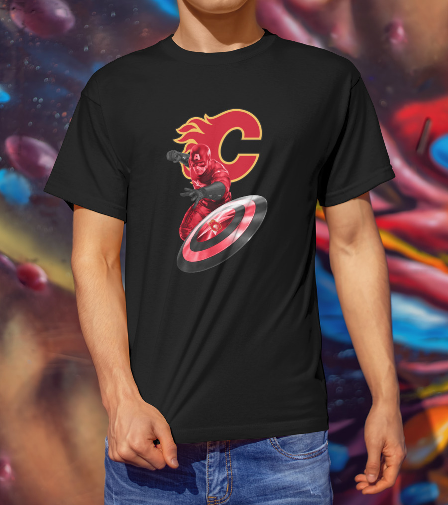 Calgary Flames And Captain America Shield Fusion Marvel Fans T-Shirt