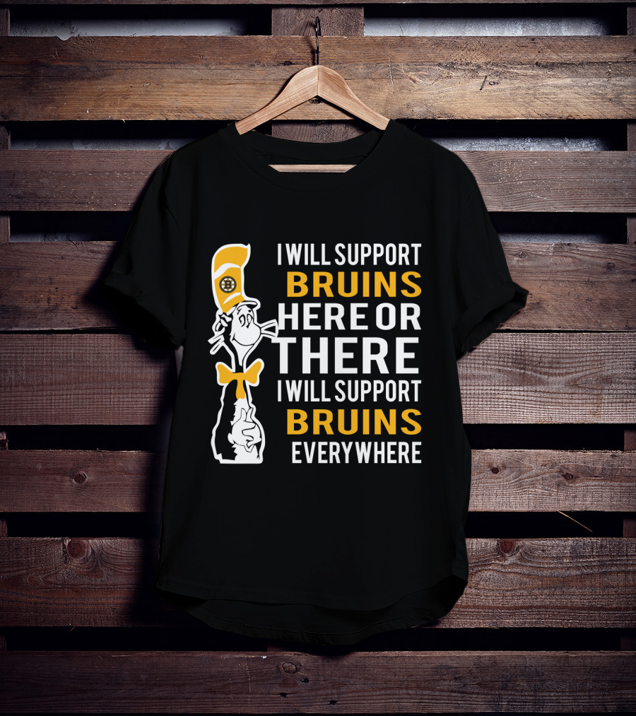 Boston Bruins Inspiration Dr Seuss Cat With Bruins Support Everywhere T-Shirt