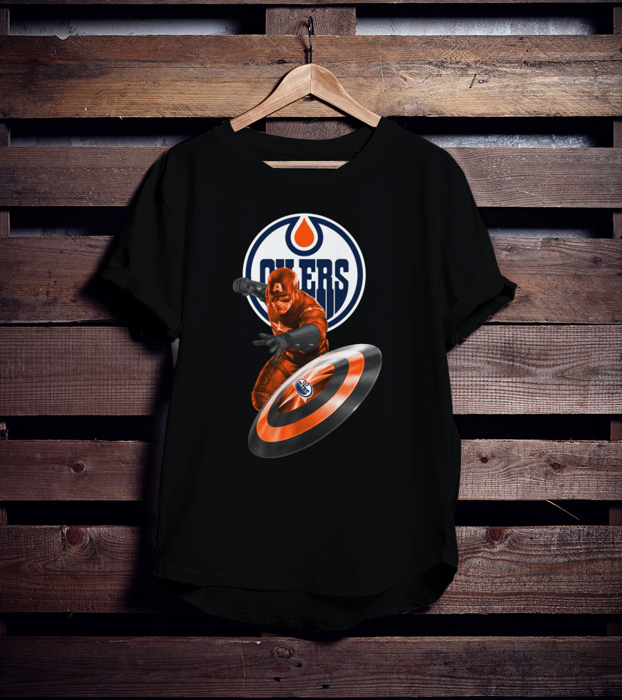 Edmonton Oilers Captain America Crossover With Shield Logo And Dynamic Pose T-Shirt
