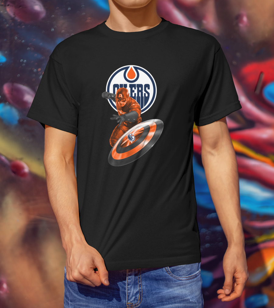 Edmonton Oilers Captain America Crossover With Shield Logo And Dynamic Pose T-Shirt