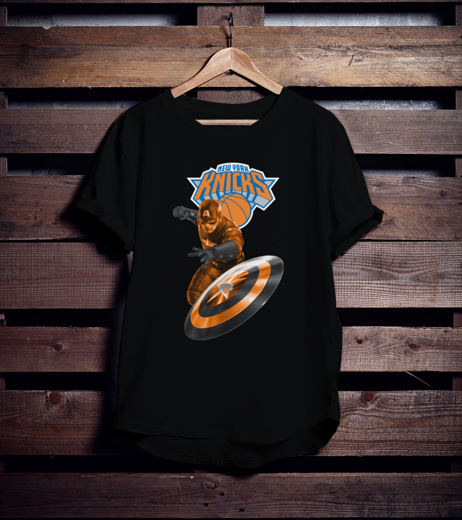 New York Knicks Captain America Crossover Imagery With Shield And Basketball T-Shirt