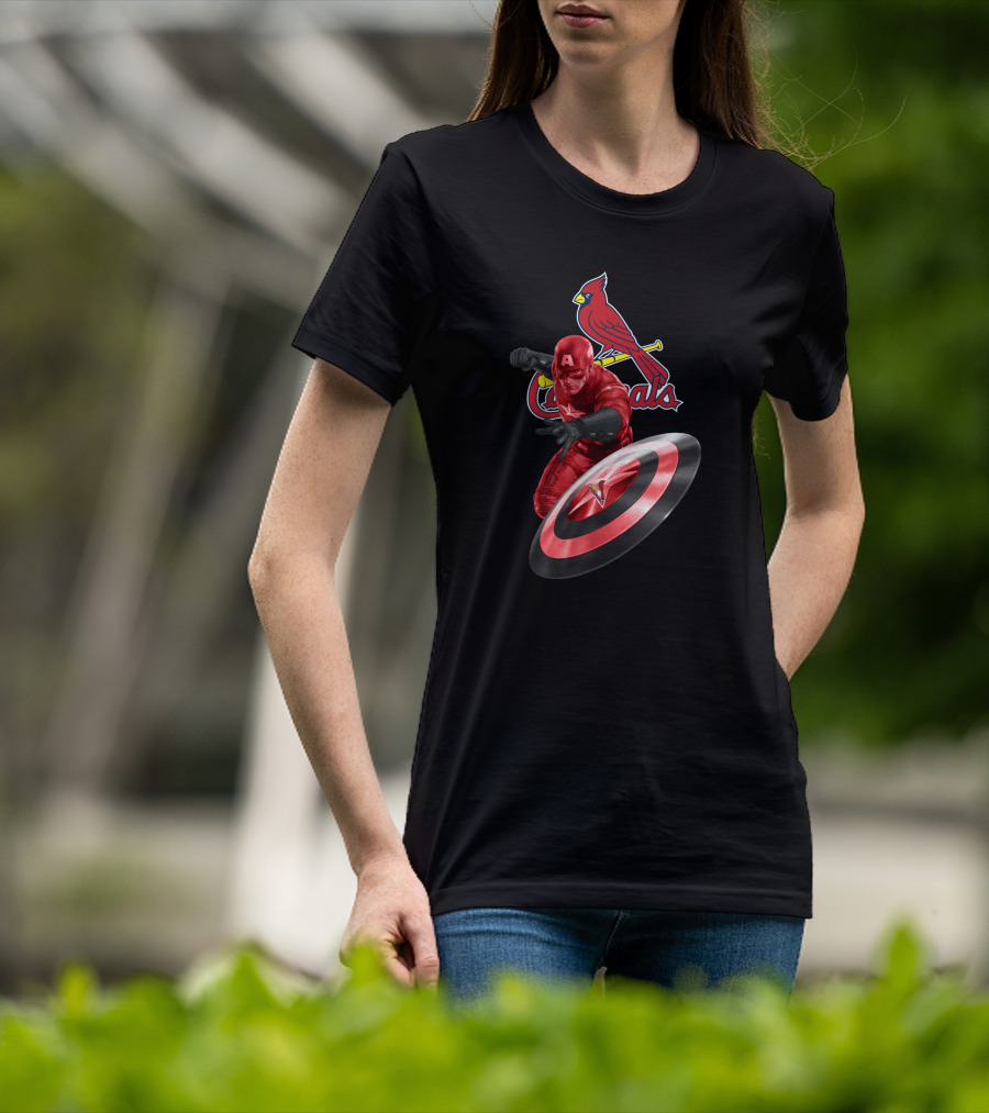 St. Louis Cardinals Captain America Logo Fusion Featuring Iconic Superhero And Baseball Team T-Shirt