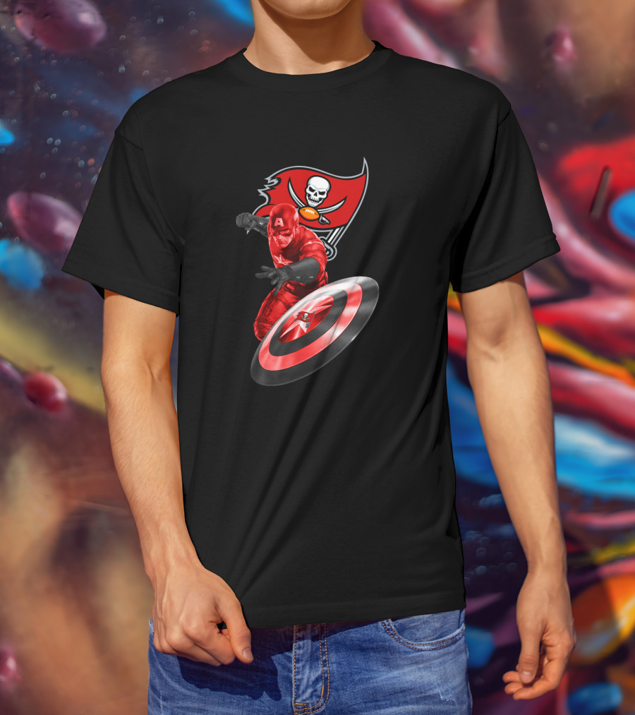 Tampa Bay Buccaneers Marvel Crossover With Captain America Shield T-Shirt