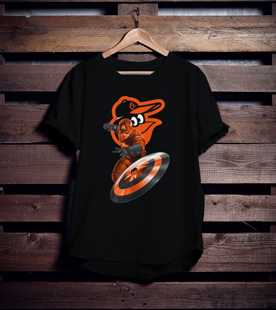 Baltimore Orioles Captain America Crossover Shield Logo Collaboration T-Shirt