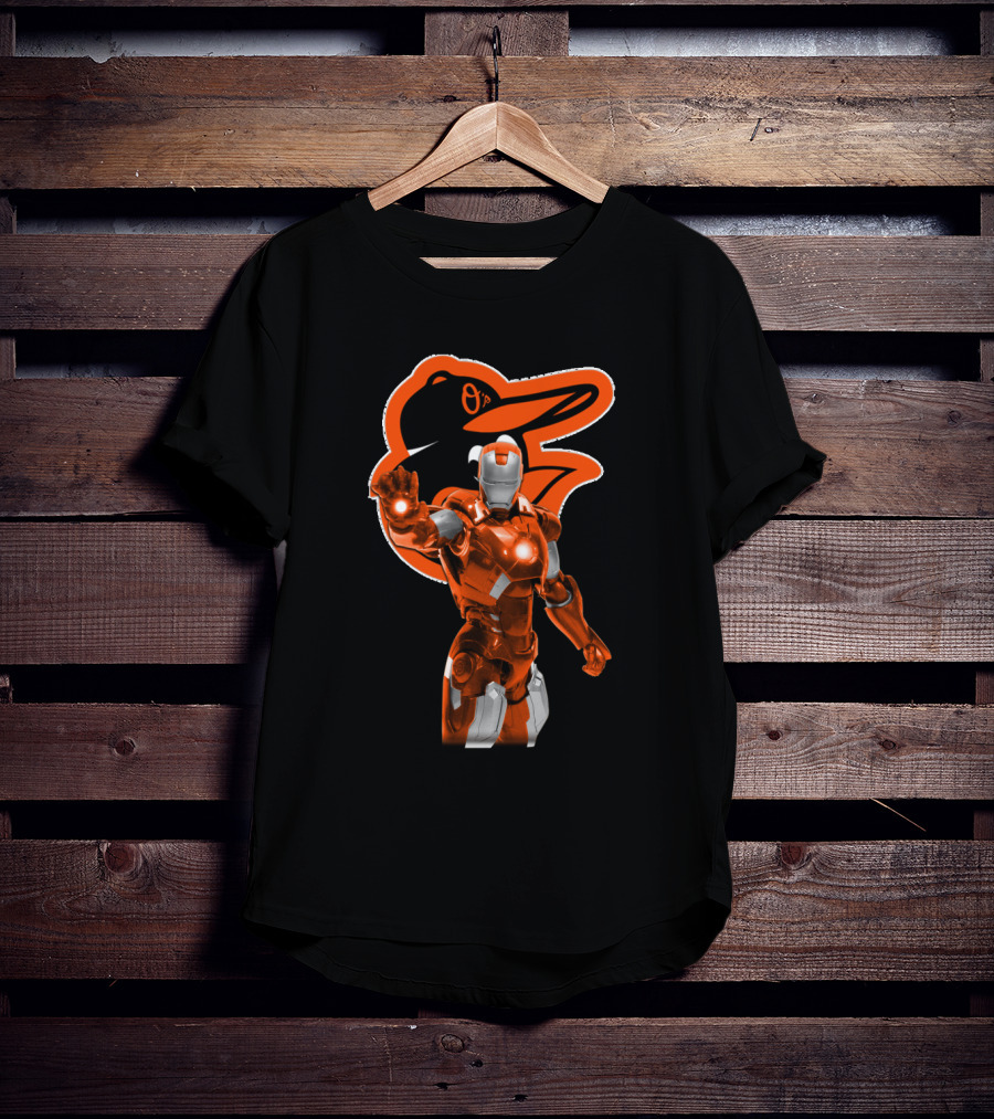 Iron Man Baltimore Orioles Crossover Featuring Iconic Orange Armor And Team Mascot T-Shirt