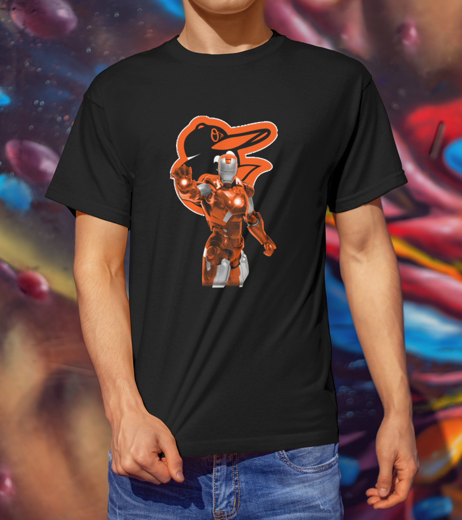 Iron Man Baltimore Orioles Crossover Featuring Iconic Orange Armor And Team Mascot T-Shirt