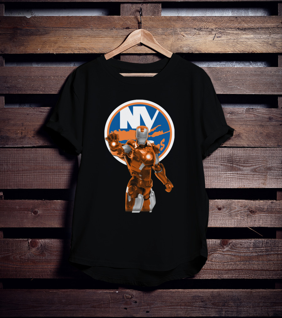 Iron Man New York Islanders Crossover Graphic Featuring NY Logo Background T-Shirt
