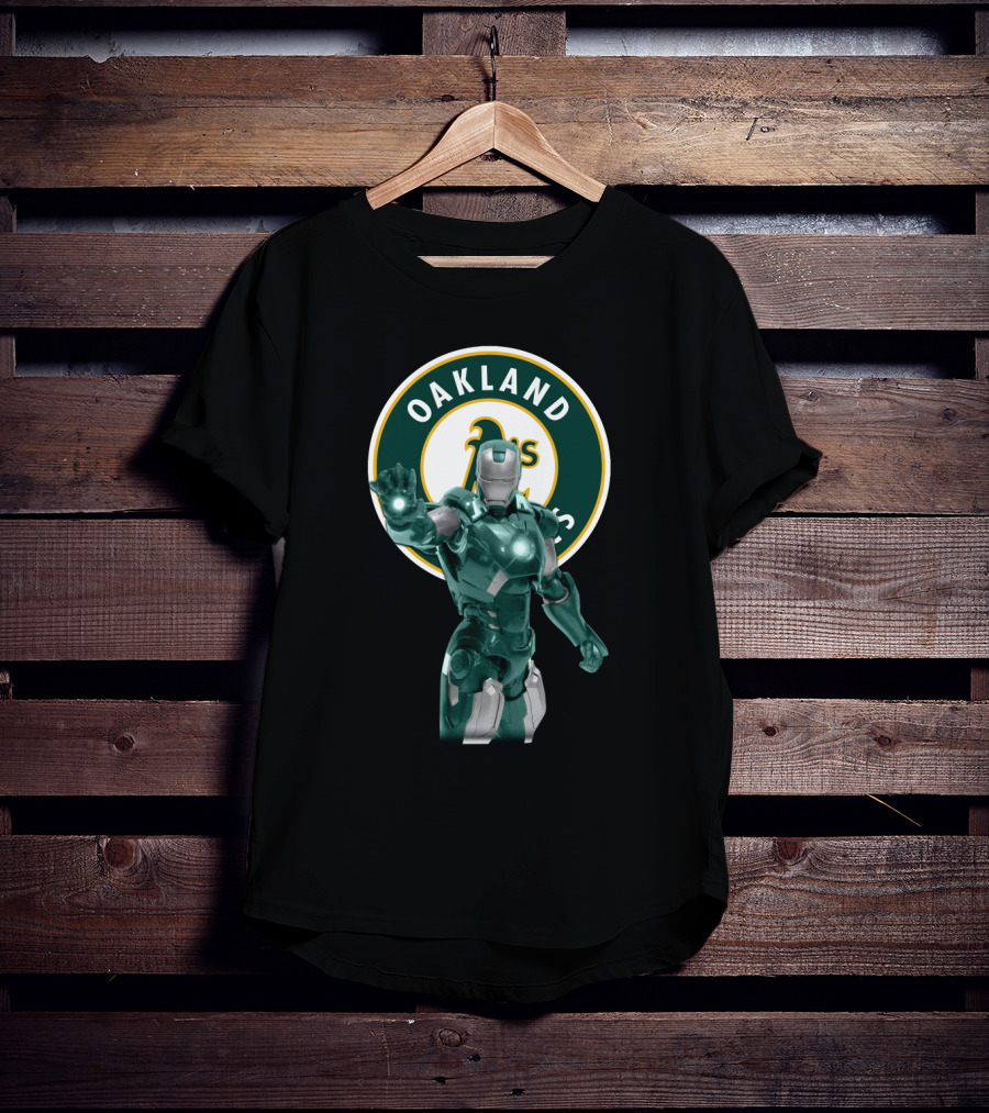 Oakland Athletics X Iron Man Crossover Marvel Avengers Baseball Team Collaboration T-Shirt