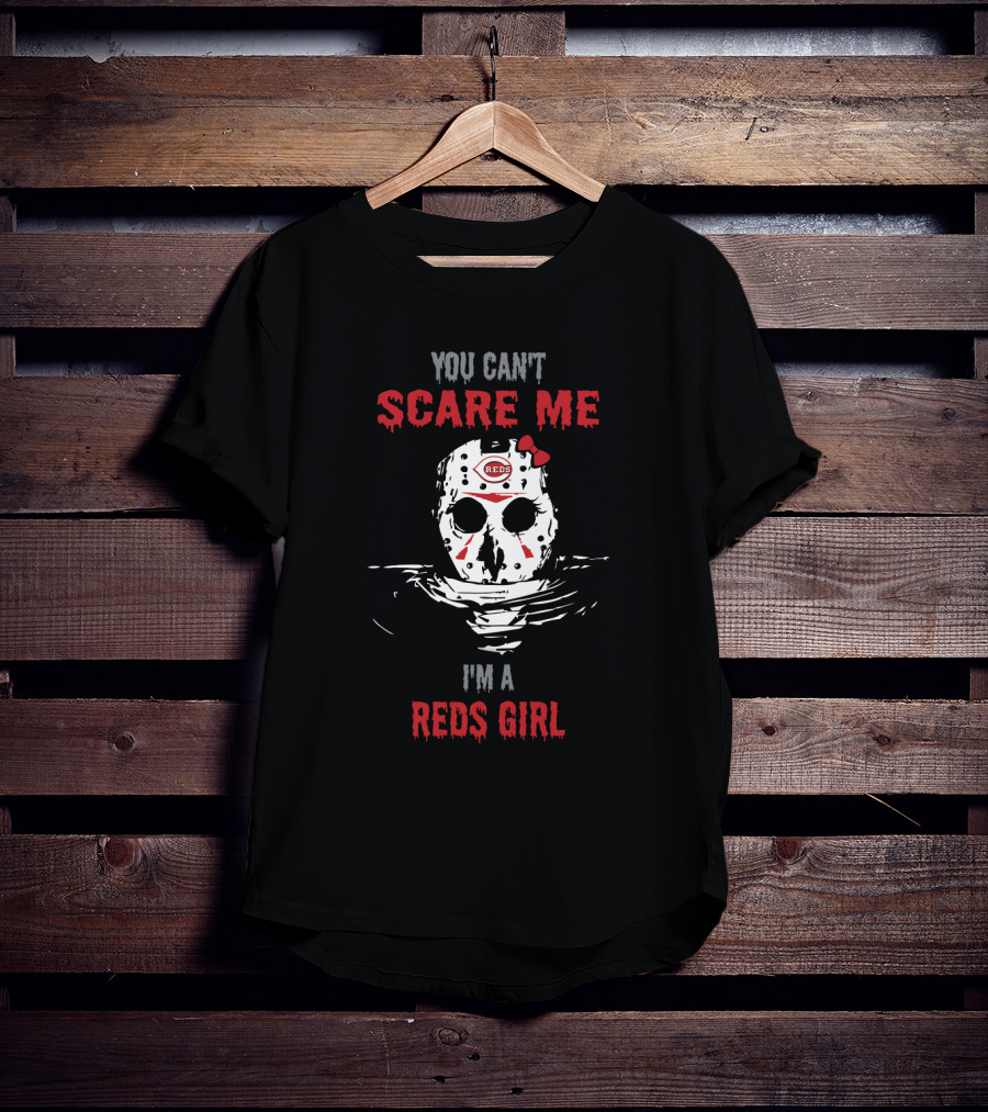 You Can't Scare Me I'm A Reds Girl Jason Voorhees Mask With Cincinnati Reds T-Shirt