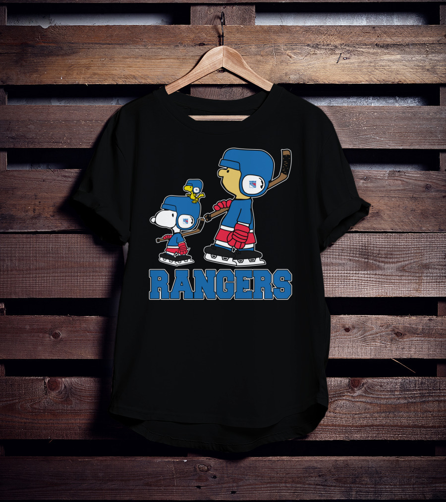 Snoopy And New York Rangers Fans Rangers Ice Hockey Skating With Woodstock And Friend T-Shirt