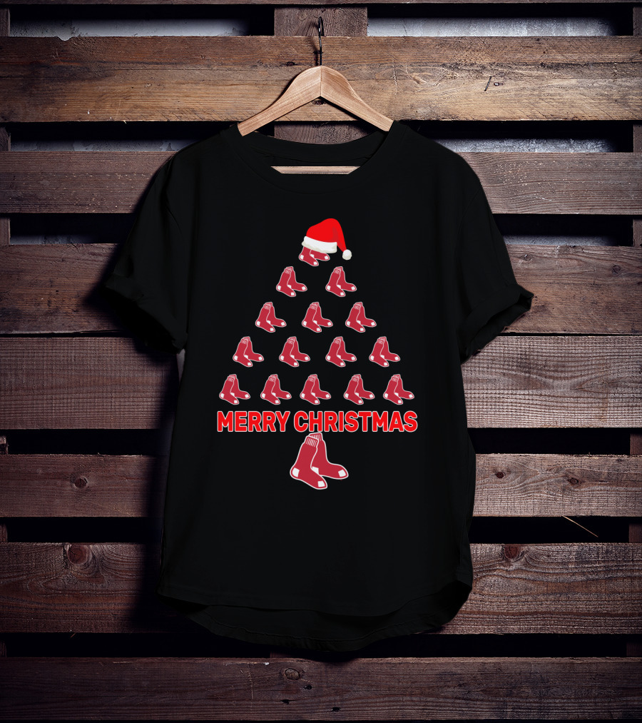 Merry Christmas Red Sox Fans Christmas Tree With Santa Hat T-Shirt