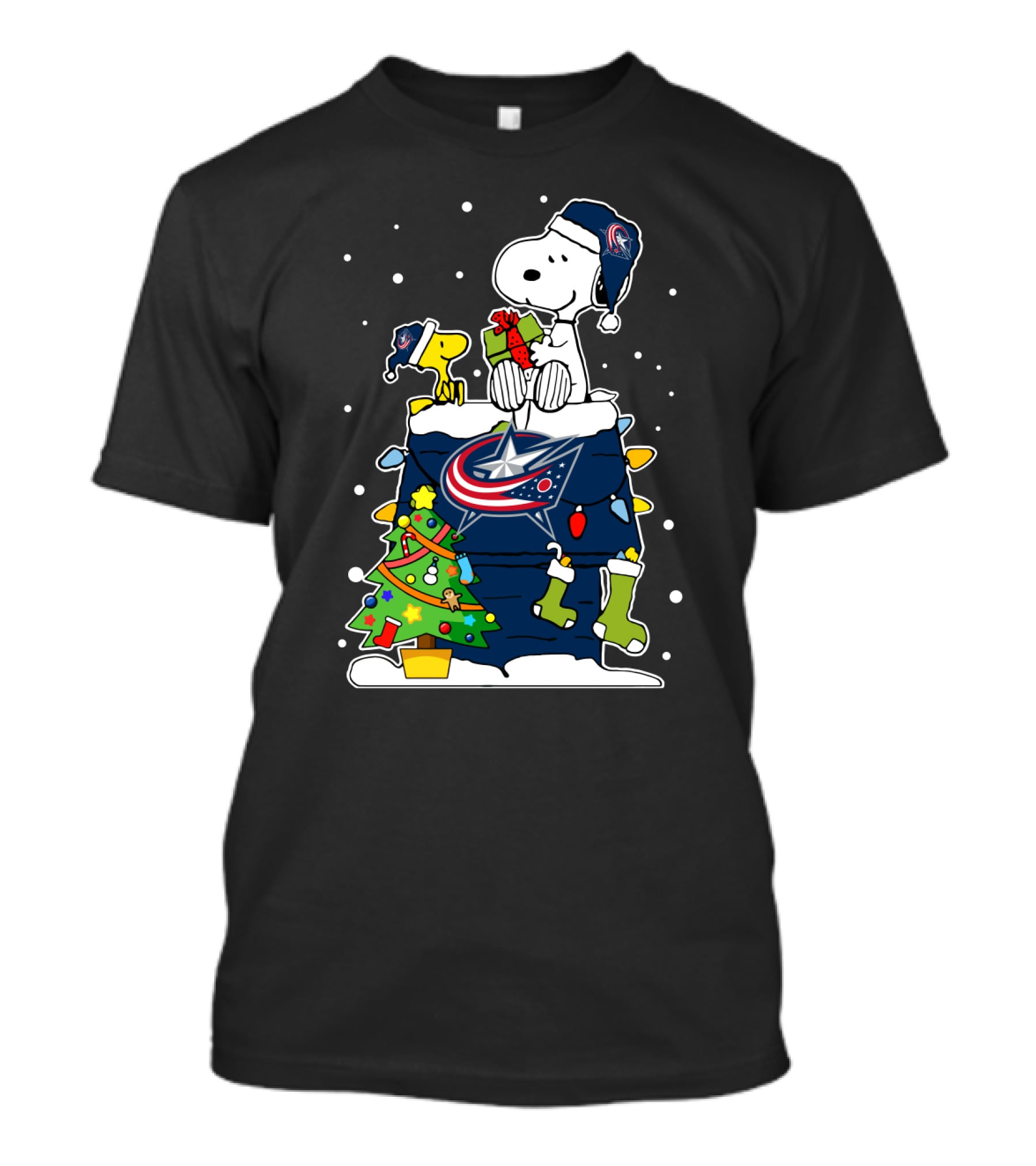 Columbus Blue Jackets Snoopy With Woodstock Christmas T-Shirt