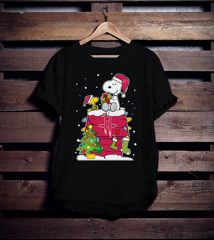 Houston Rockets Christmas Snoopy With Woodstock And Gifts T-Shirt